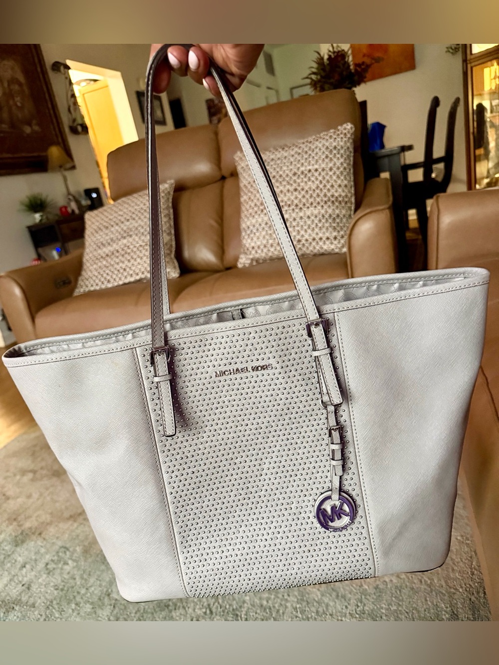 Michael Kors Metallic Silver Studded Tote with MK Charm